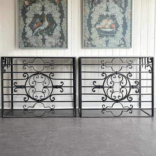 A Pair Of 19Th C French Wrought Iron Console Tables With Marble Tops