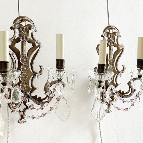 A Pair Of 1950'S French Brass & Glass Wall Lights