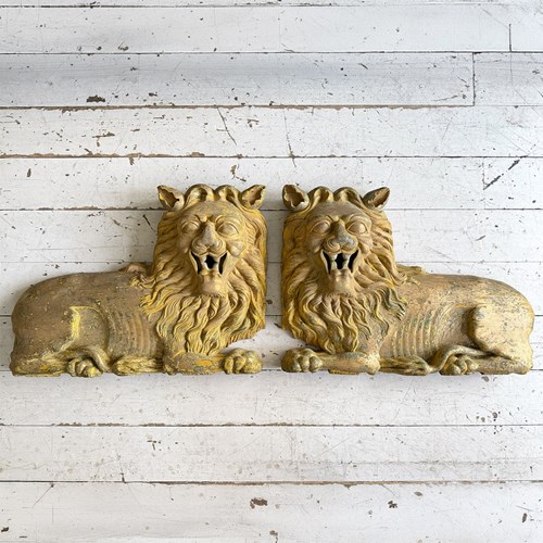 A Large Pair Of 18Th C Hand Carved Chinese Foo Dog Wall Sculptures