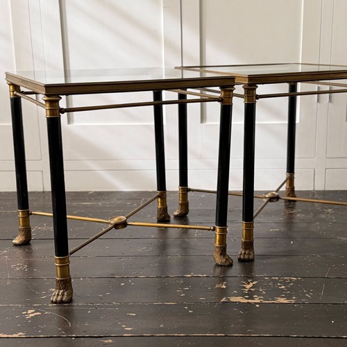 A Pair Of 1950'S French Brass Polychrome & Glass Side Tables By Maison Jansen