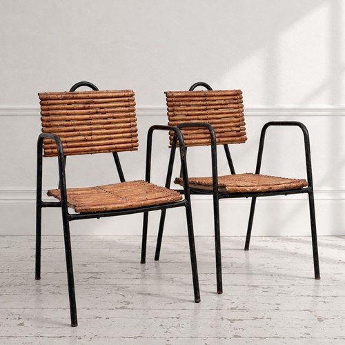 A Pair Of 1950'S Spanish Black Metal & Bamboo Armchairs