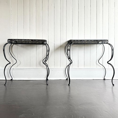 A Pair Of 1960'S Spanish Metal Console Tables With Original Marble Tops