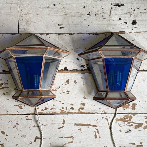 A Pair Of Vintage Spanish Blue Glass Wall Lanterns
