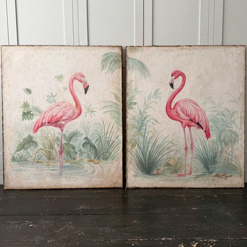 A Pair Of Large Italian Oil On Gesso Flamingo Paintings