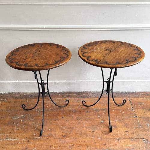 A Pair Of 1950'S Metal Side Tables With Hardwood Tops