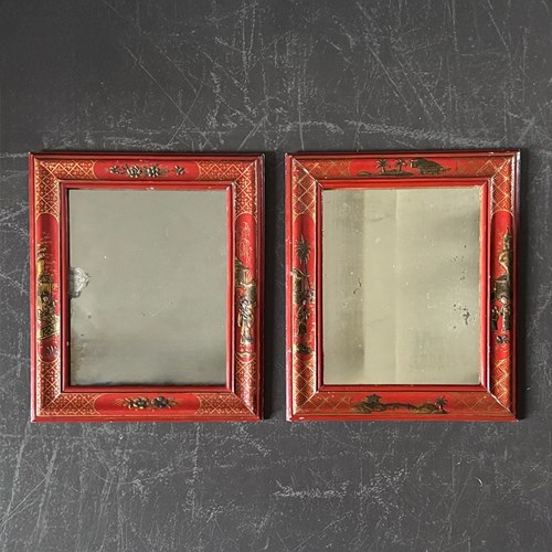 A Small Pair Of 1950'S Red Chinoiserie Mirrors