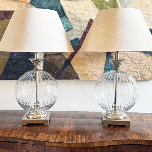 A Pair Of 1980'S Etched Glass And Nickel Table Lamps