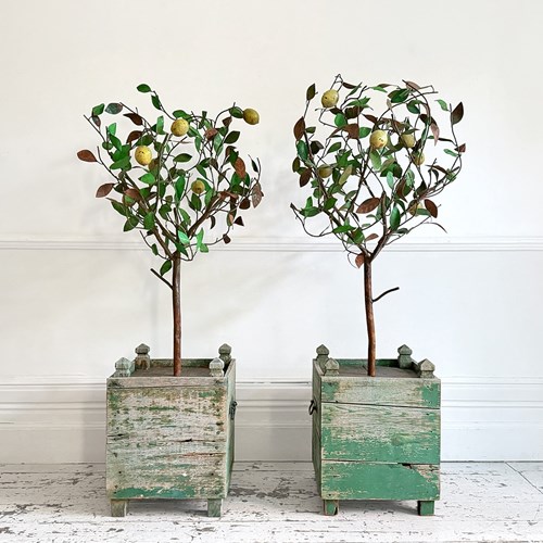 A Pair Of Large 1930'S Italian Polychrome Tole Lemon Trees