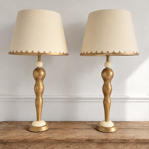 A Large Pair Of 1940'S Gold & Ivory Lacquered Table Lights