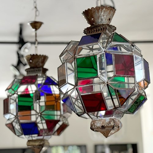 Two Vintage Spanish Coloured Glass Lanterns