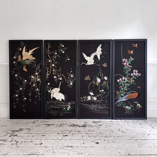 A Set Of Four 1930'S Embroidered Japanese Silk Panels