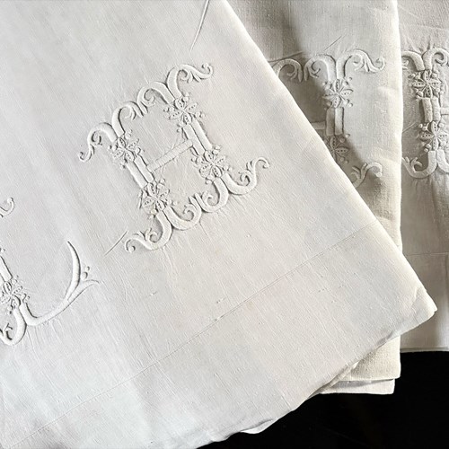 Antique French Monogrammed Linen Sheet - 'LH' - Four Available