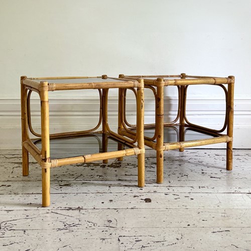 A Pair Of 1970'S Italian Two Tier Bamboo And Glass Side Tables