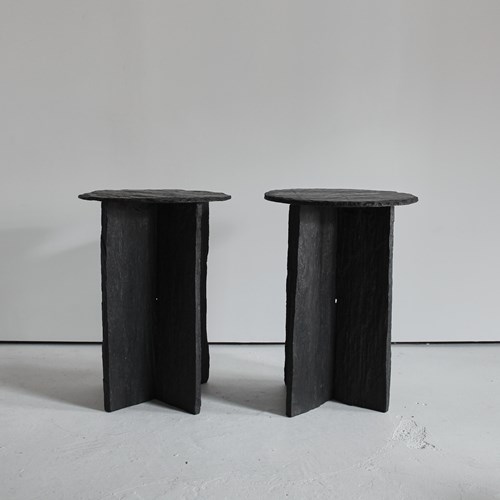 Pair Of Blackened Primitive Riven Slate Tables 