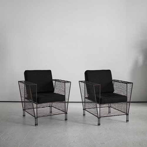 Pair Of French Modernist Metal Upholstered Armchairs