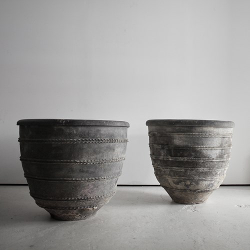 Matched Pair Of XL Black Early 19Th C. Catalan Cosi Pots