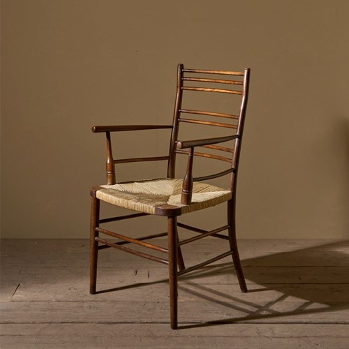 Arts & Crafts English Oak And Rush Seat Armchair
