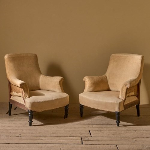 Pair Of Napoleon III Plain Square Back Armchairs