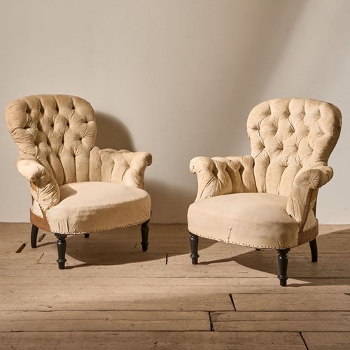Pair Of Napoleon III Buttoned Spoon Back Armchairs