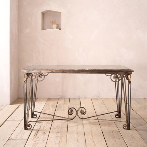 Mid Century Fossil Marble Console Table With Metal Base