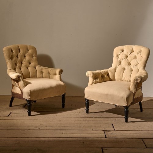 Pair Of Napoleon III Buttoned Curved Back Armchairs