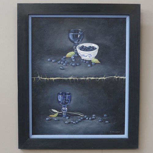 20Th Century Blue Glass And Berry Still Life Painting