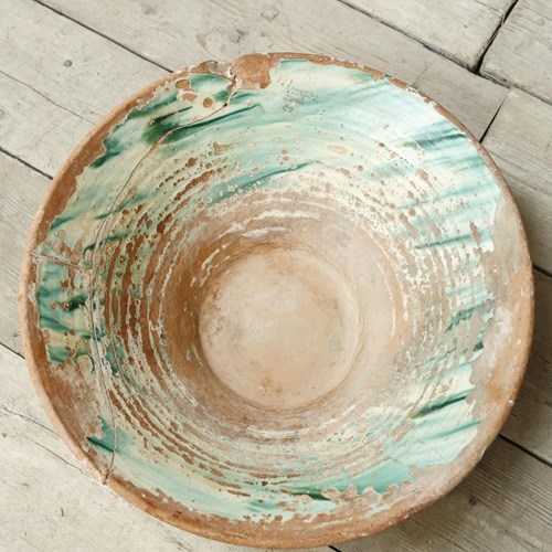 20Th Century Heavily Worn Green Glazed Pancheon