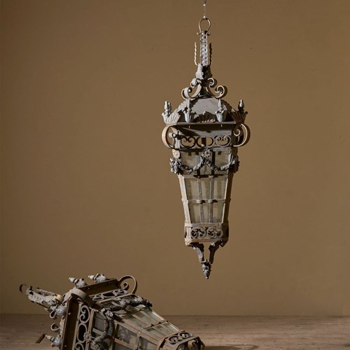 Large Pair Of Early 20Th Century Iron And Zinc French Hanging Lanterns - Pair 1
