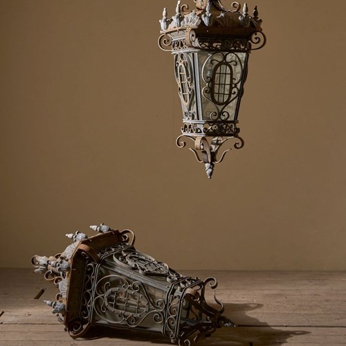 Large Pair Of Early 20Th Century Iron And Zinc French Hanging Lanterns - Pair 2