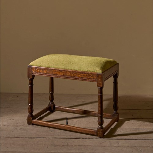 19Th Century Oak Footstool In Heavy Green Linen