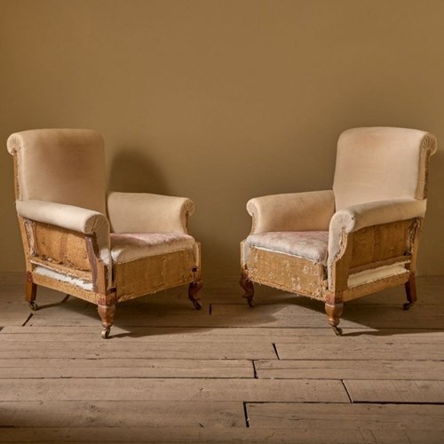 Pair Of C.1900 English Country House Scroll Back Armchairs