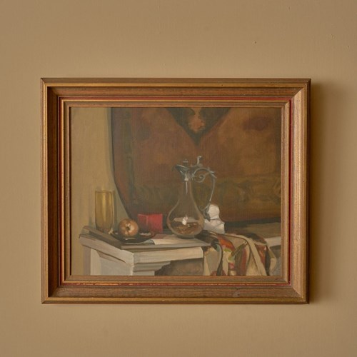 20Th Century Still Life Oil On Canvas Of A Jug On Mantle Piece