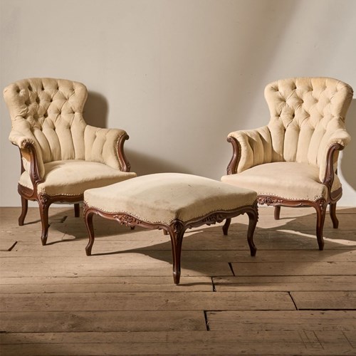 Pair Of 19Th Century Buttoned Back Armchairs With Matching Stool