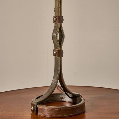 Mid 20Th Century Iron And Leather Table Lamp By Jean Pierre Ryckaert