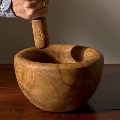 20Th Century Olive Wood Pestle And Mortar