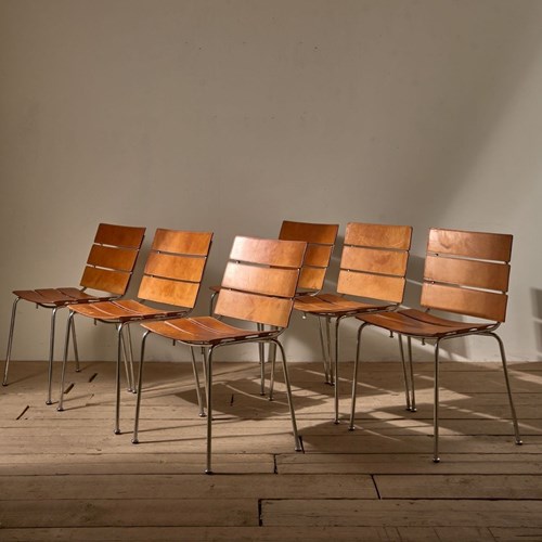 Set Of 6 Leather And Chrome 'Stripe' Dining Chairs By Giancarlo Vegni For Fasem