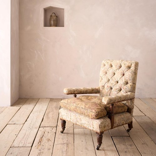 19Th Century Buttoned Square Back Open Armchair