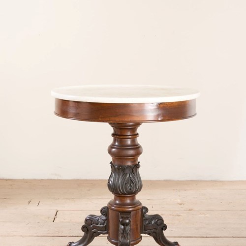 19Th Century Carved Mahogany And White Marble Gueridon Table