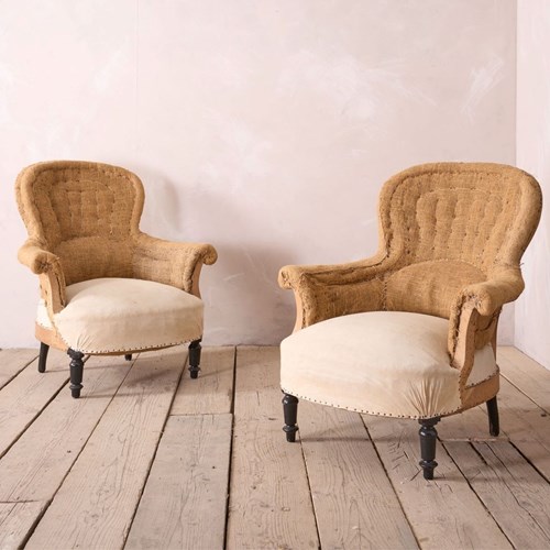 Pair Of Hessian Curved Back Napoleon III Armchairs