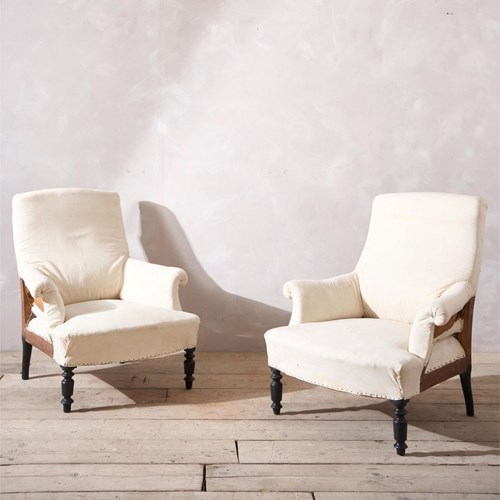 Pair Of Napoleon III Plain Square Back Armchairs