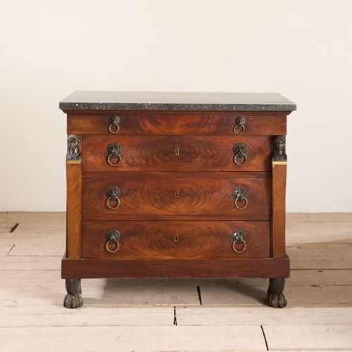 19Th Century French Empire Mahogany And Fossil Marble Chest Of Drawers