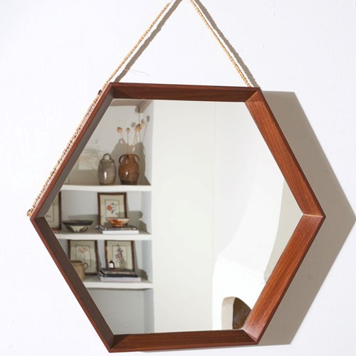 Mid 20Th Century Solid Teak Hexagonal Mirror - No2