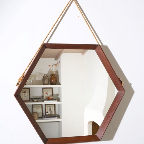 Mid 20Th Century Solid Teak Hexagonal Mirror - No3