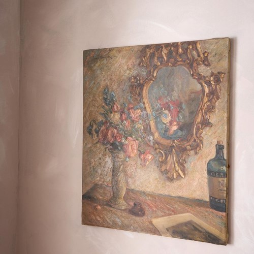 Early 20Th Century Oil On Canvas Painting Of A Mirror With Flowers