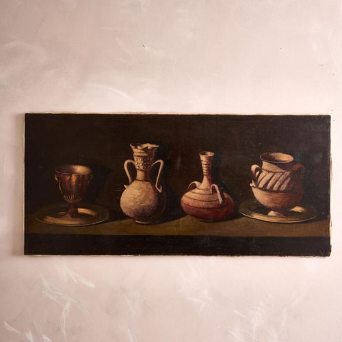 Large 20Th Century Oil On Canvas Painting Of 4 Pots