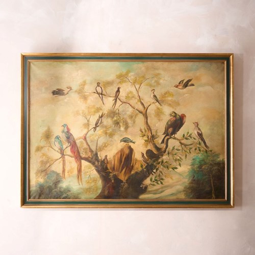 19Th Century Oil On Canvas Painting Of Tropical Birds