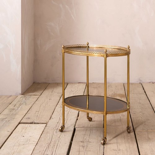 1930'S Black Leather And Brass Two Tiered Drinks Table