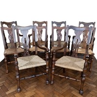 Set of 10 Antique Elm Chairs with Rush Seat