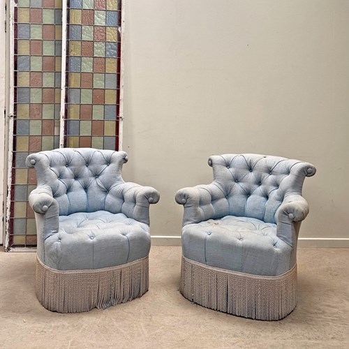 Pair Of Blue Deep Buttoned Chapeau Armchairs