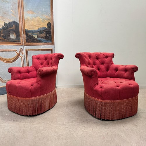 Pair Of Deep Buttoned Chapeau De Gendarme Armchairs